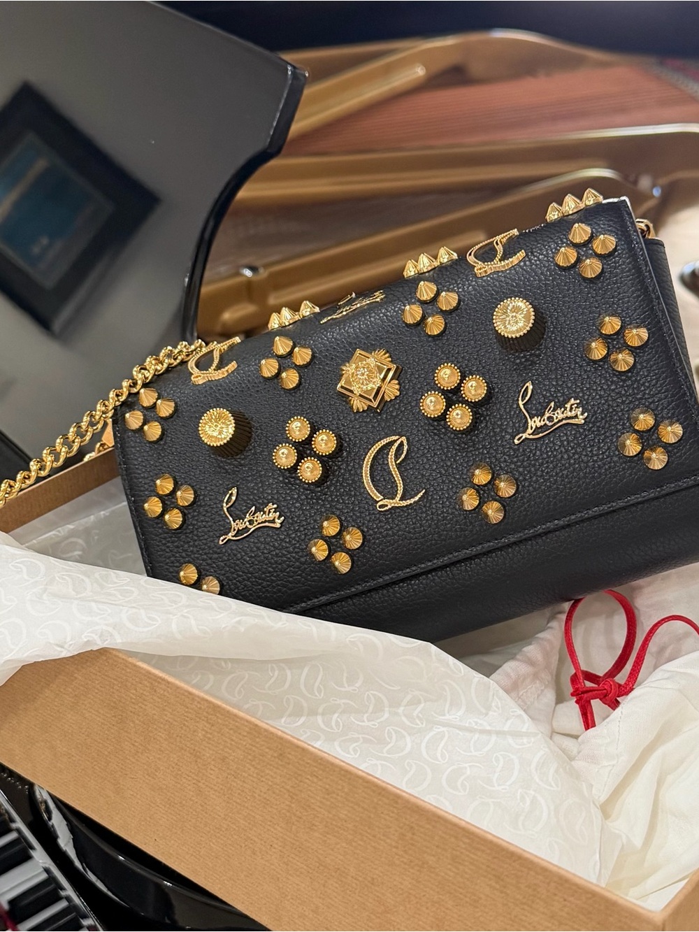 Christian Louboutin Black Leather Studded Chain Crossbody Bag